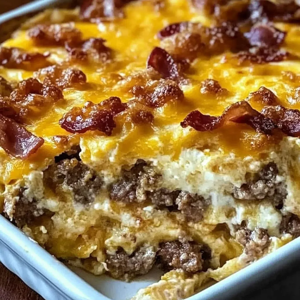 Deftiger Frühstücksauflauf mit Kartoffeln, Käse & Geflügelwürstchen