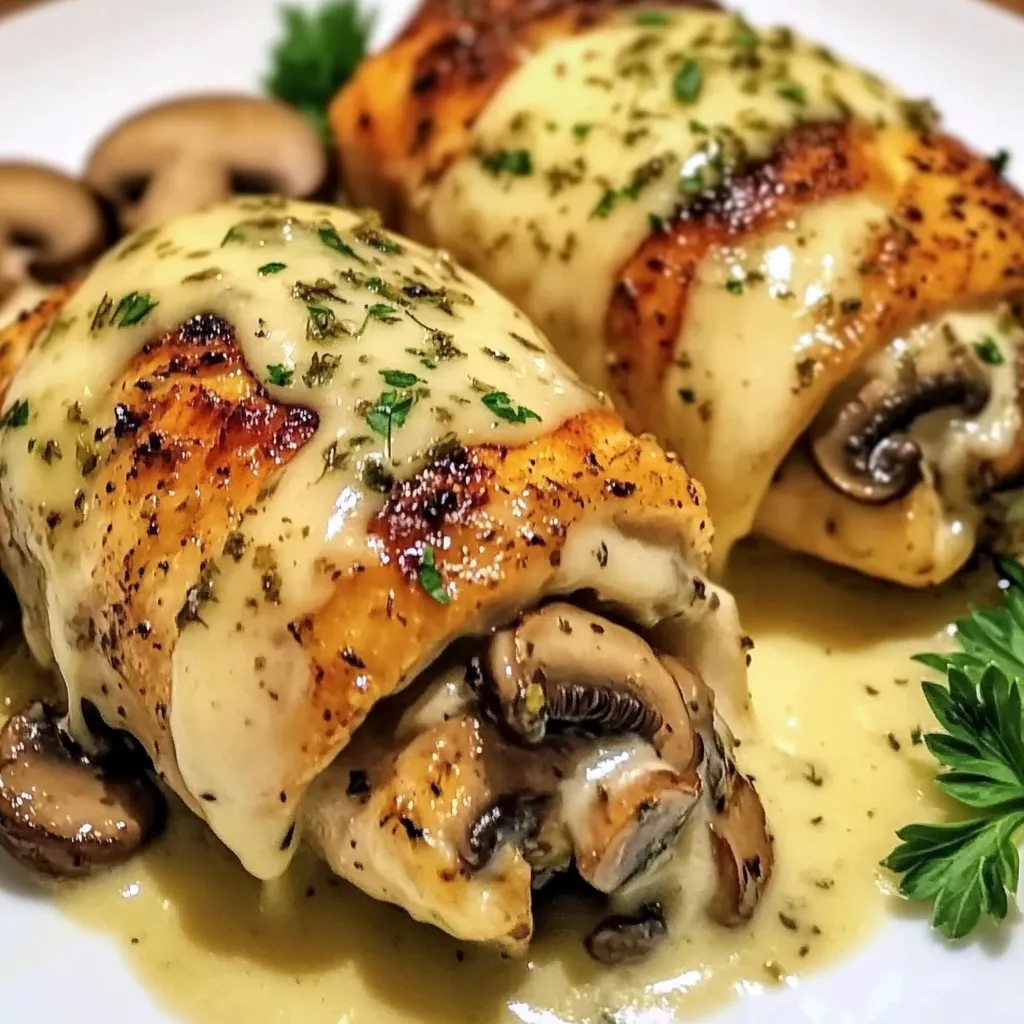 Hähnchenröllchen mit Knoblauchbutter, Pilzen & geschmolzenem Käse