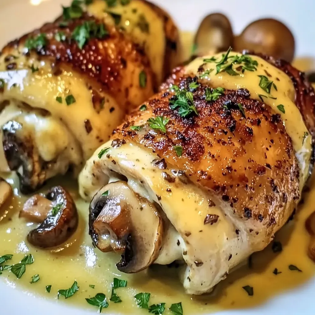 Eine Platte mit zwei gebratenen Chicken-Rollen, die mit Mushrooms und Zwiebeln garniert sind.