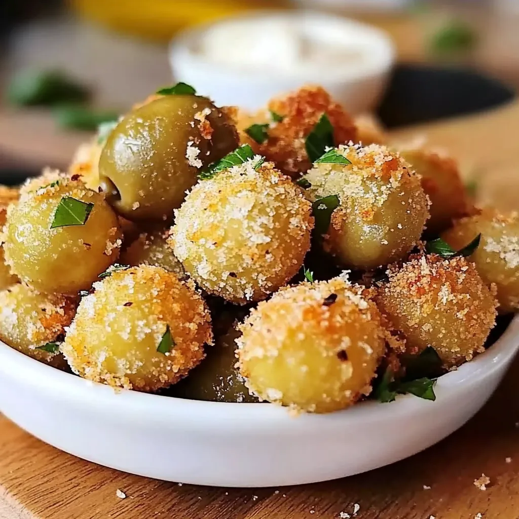 Knusprig frittierte Oliven mit Knoblauch-Aioli und Parmesan