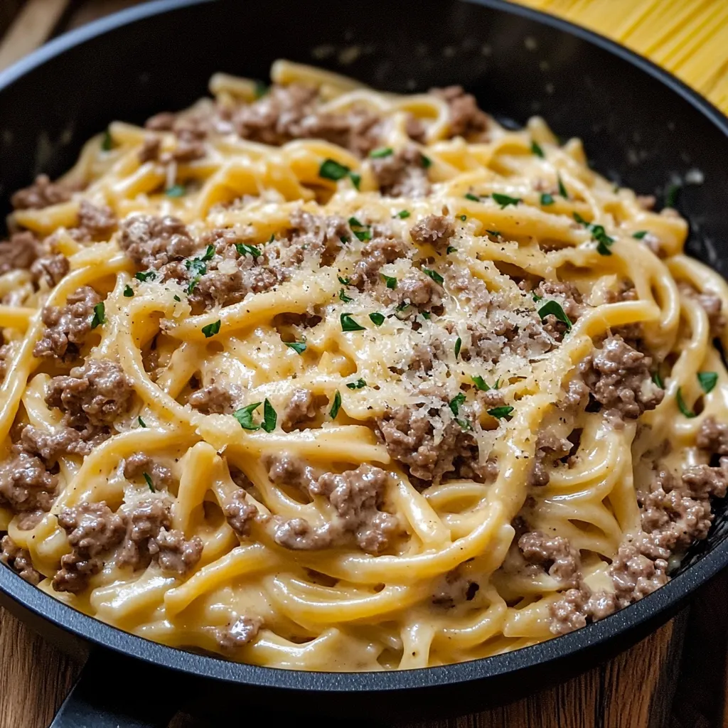 Cremige One-Pot Rindfleisch-Pasta mit Knoblauchbutter und Parmesan