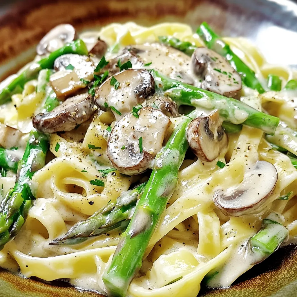 Bandnudeln mit grünem Spargel und Pilzen