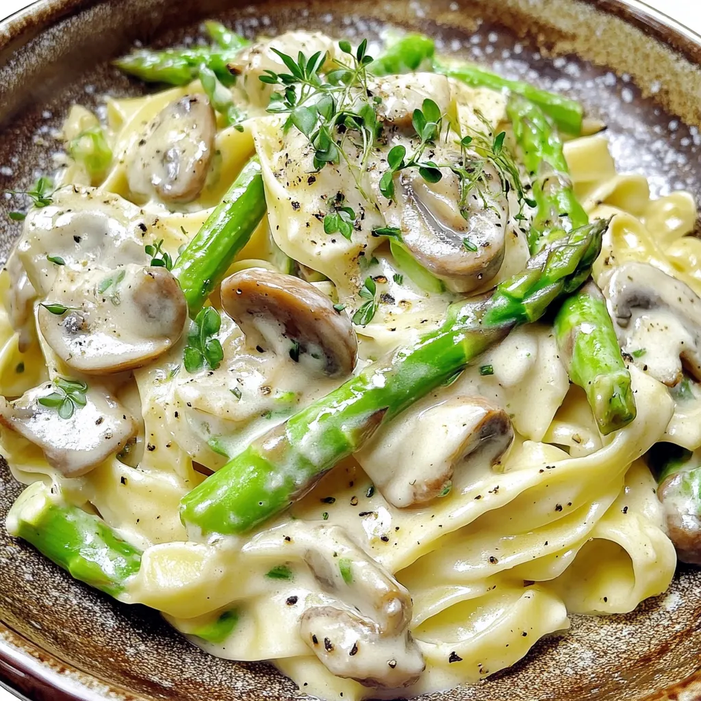 Bandnudeln mit grünem Spargel und Pilzen