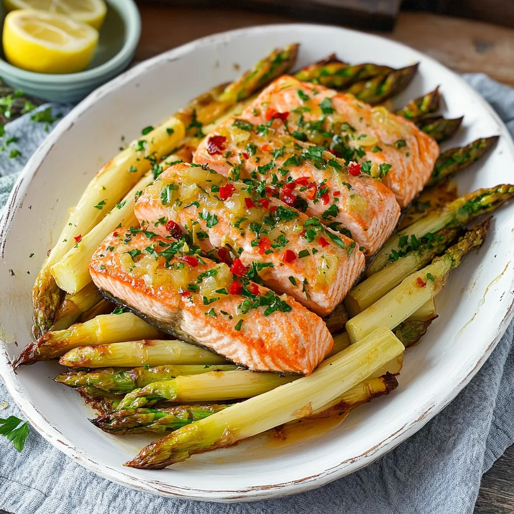 Ofenspargel mit saftigem Lachs und Orangen-Limetten-Butter