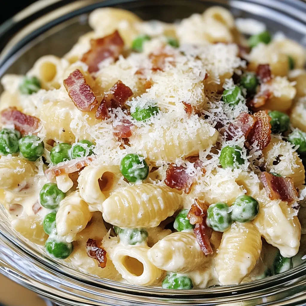 Cremiger Nudelsalat mit Erbsen und knusprigem Turkey Bacon