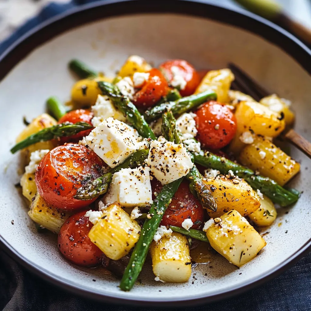 Ofenkartoffeln mit grünem Spargel, Tomaten und Feta