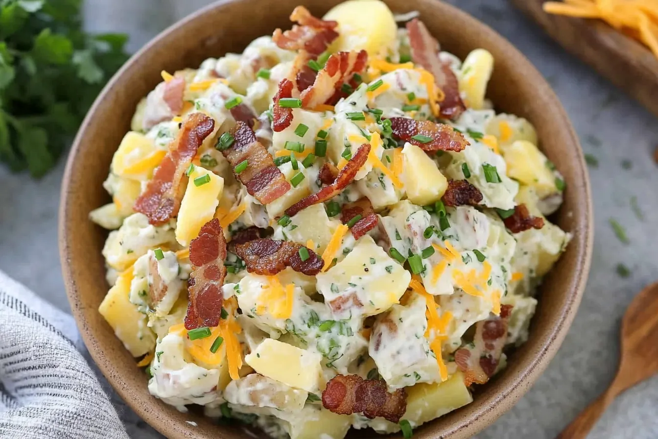 Ofenkartoffel-Salat mit Bacon, Käse und Gewürzgurken-Dressing