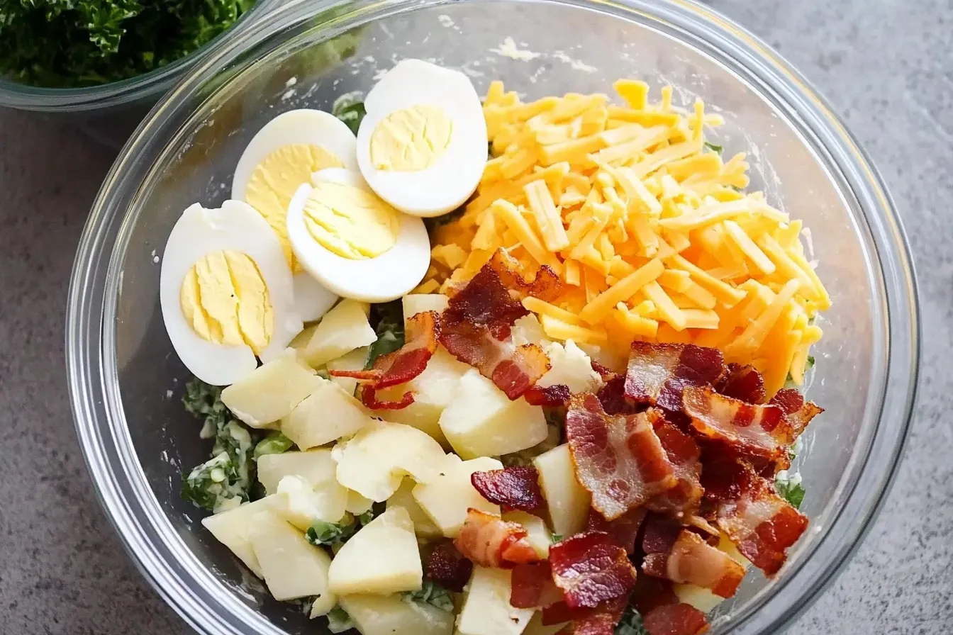 Ofenkartoffel-Salat mit Bacon, Käse und Gewürzgurken-Dressing