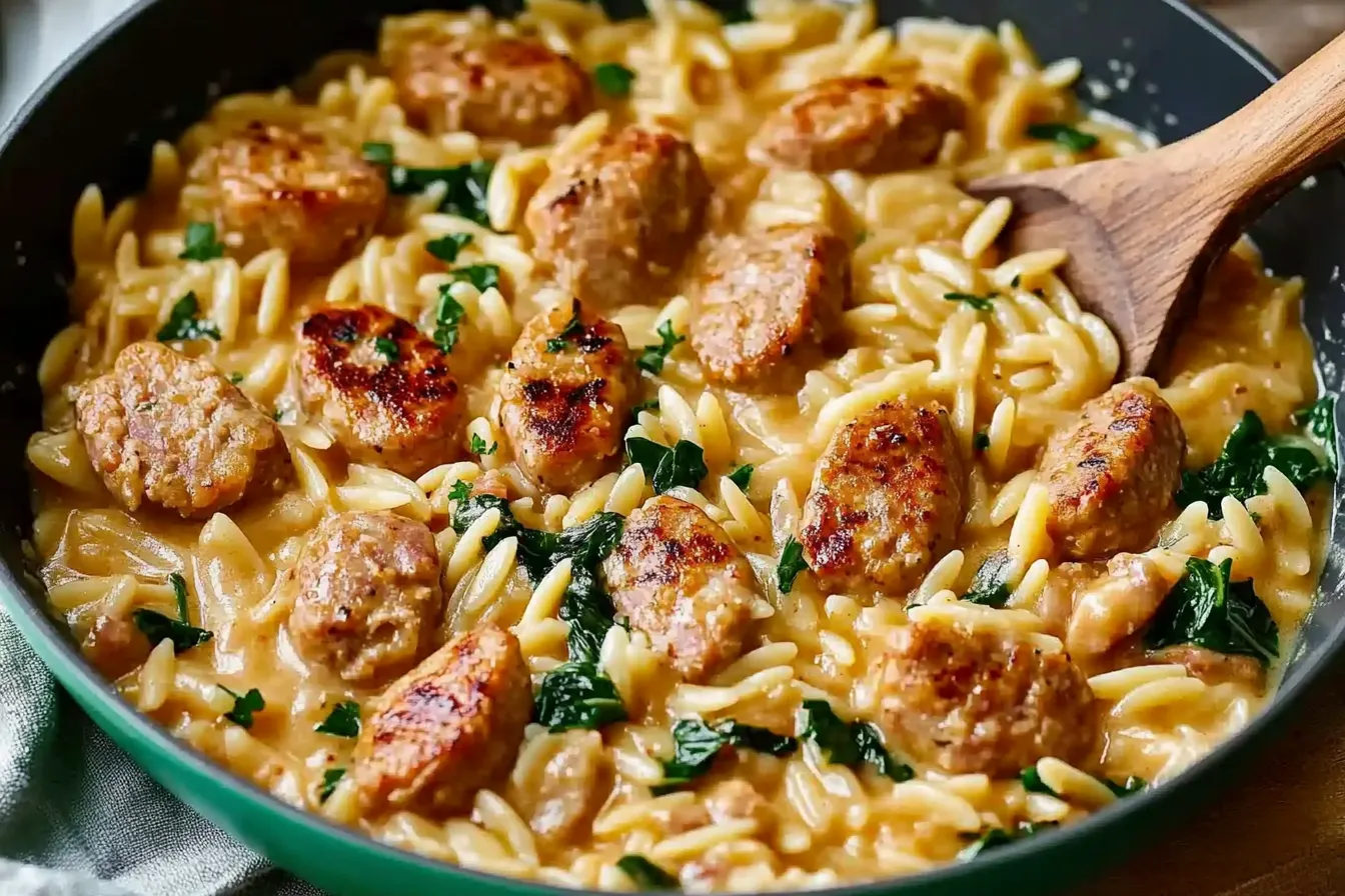 Cremiges Orzo mit Hähnchenbratwurst (Ein-Pfannen-Gericht)