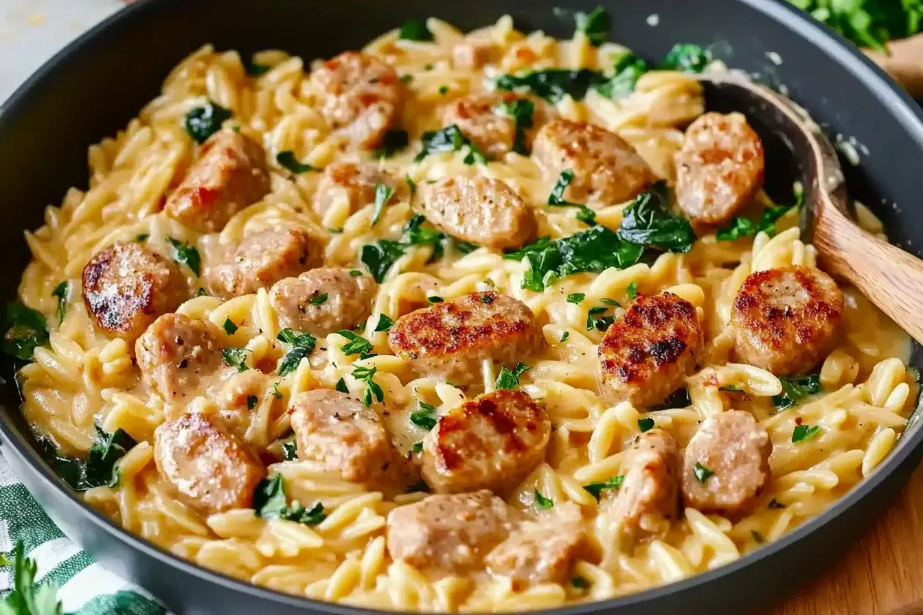Cremiges Orzo mit Hähnchenbratwurst (Ein-Pfannen-Gericht)