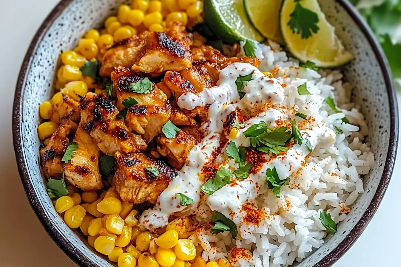 Street Corn Chicken Rice Bowl – Mexikanische Hähnchen-Reisschale mit Limetten-Crema