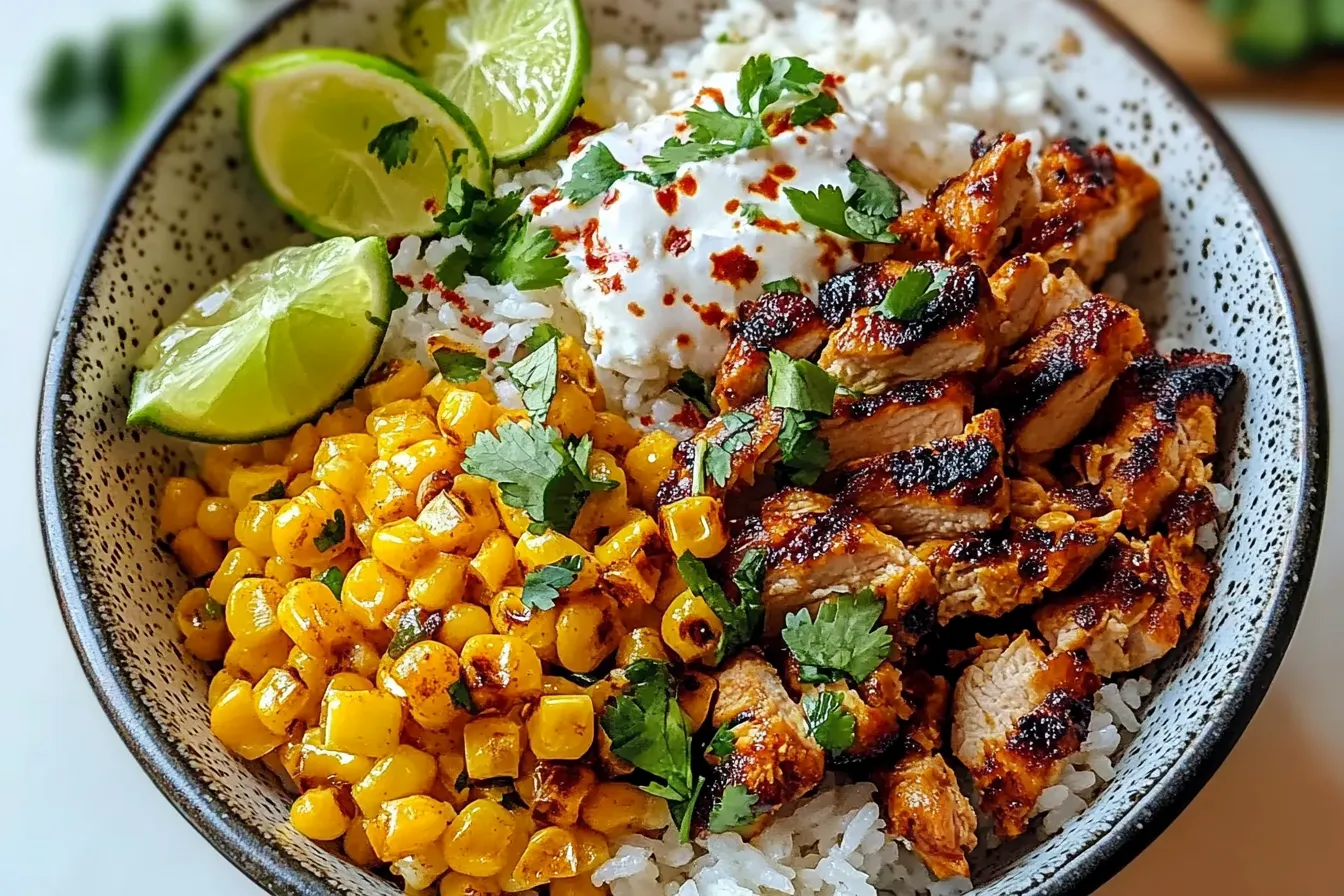 Street Corn Chicken Rice Bowl – Mexikanische Hähnchen-Reisschale mit Limetten-Crema