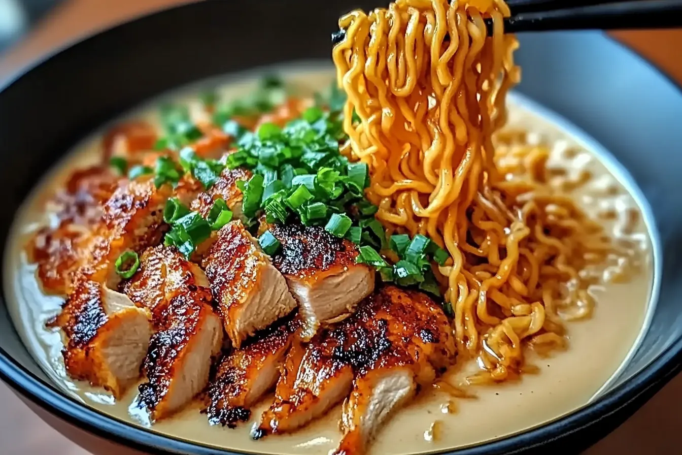 Fiery Chicken Ramen mit cremiger Knoblauchsauce
