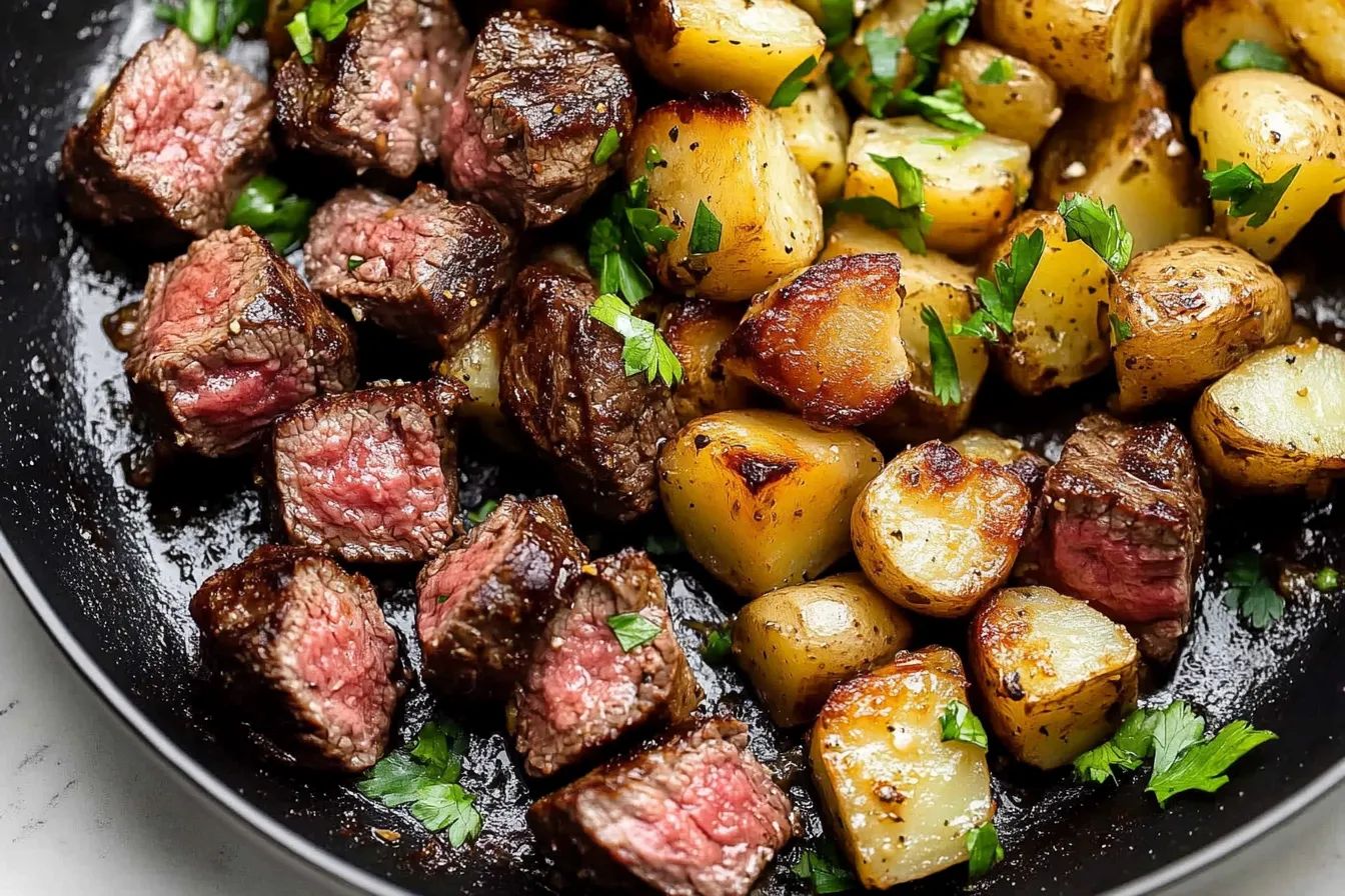 Knusprige Steakbissen mit Kartoffeln in Knoblauchbutter
