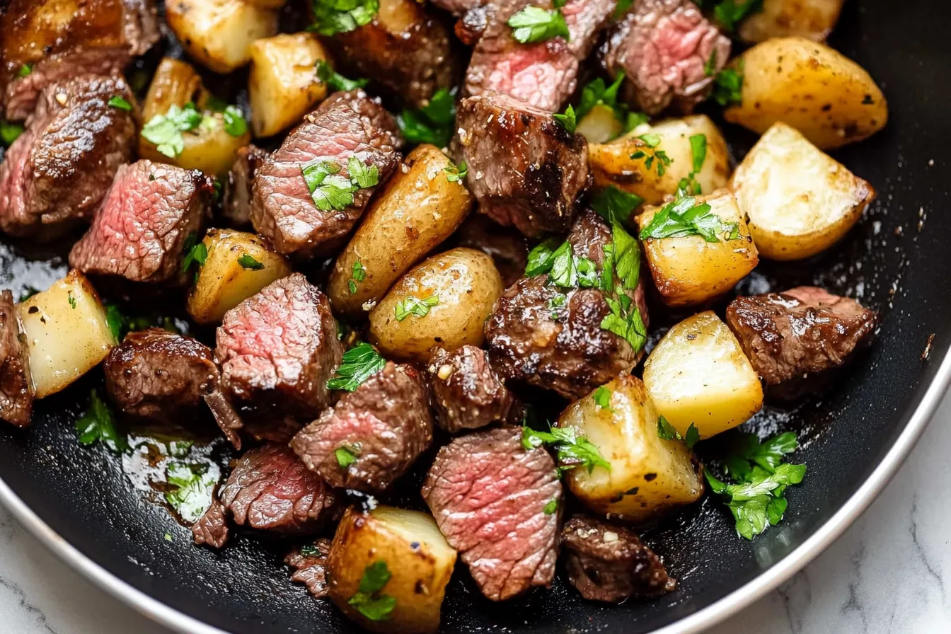 Knusprige Steakbissen mit Kartoffeln in Knoblauchbutter