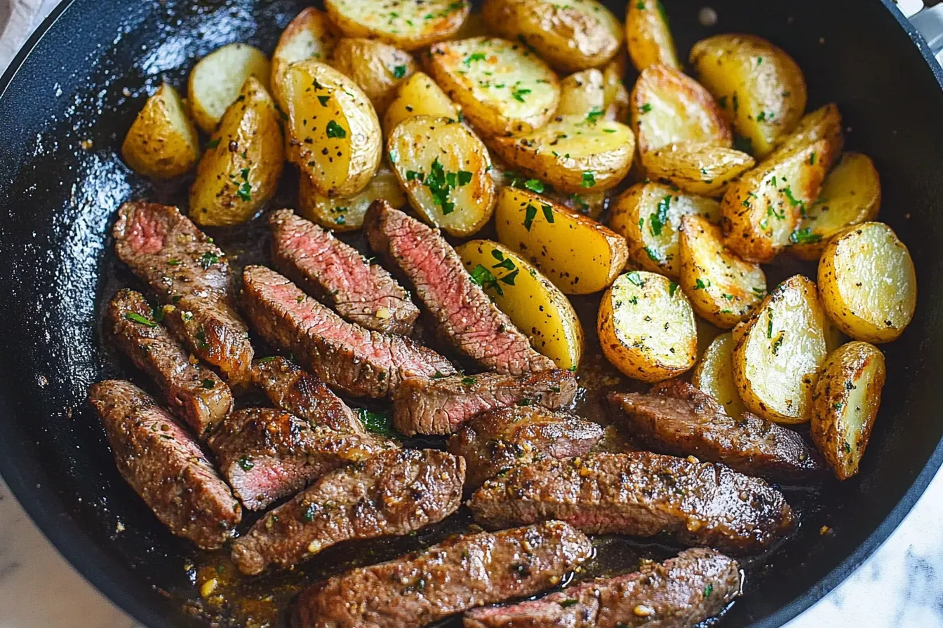 Steak mit grünen Zwiebeln und Knoblauch in einer Schüssel.