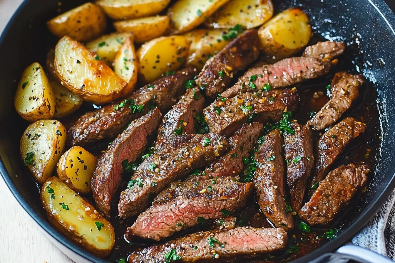 Knoblauchbutter-Steak mit Kartoffeln aus der Pfanne