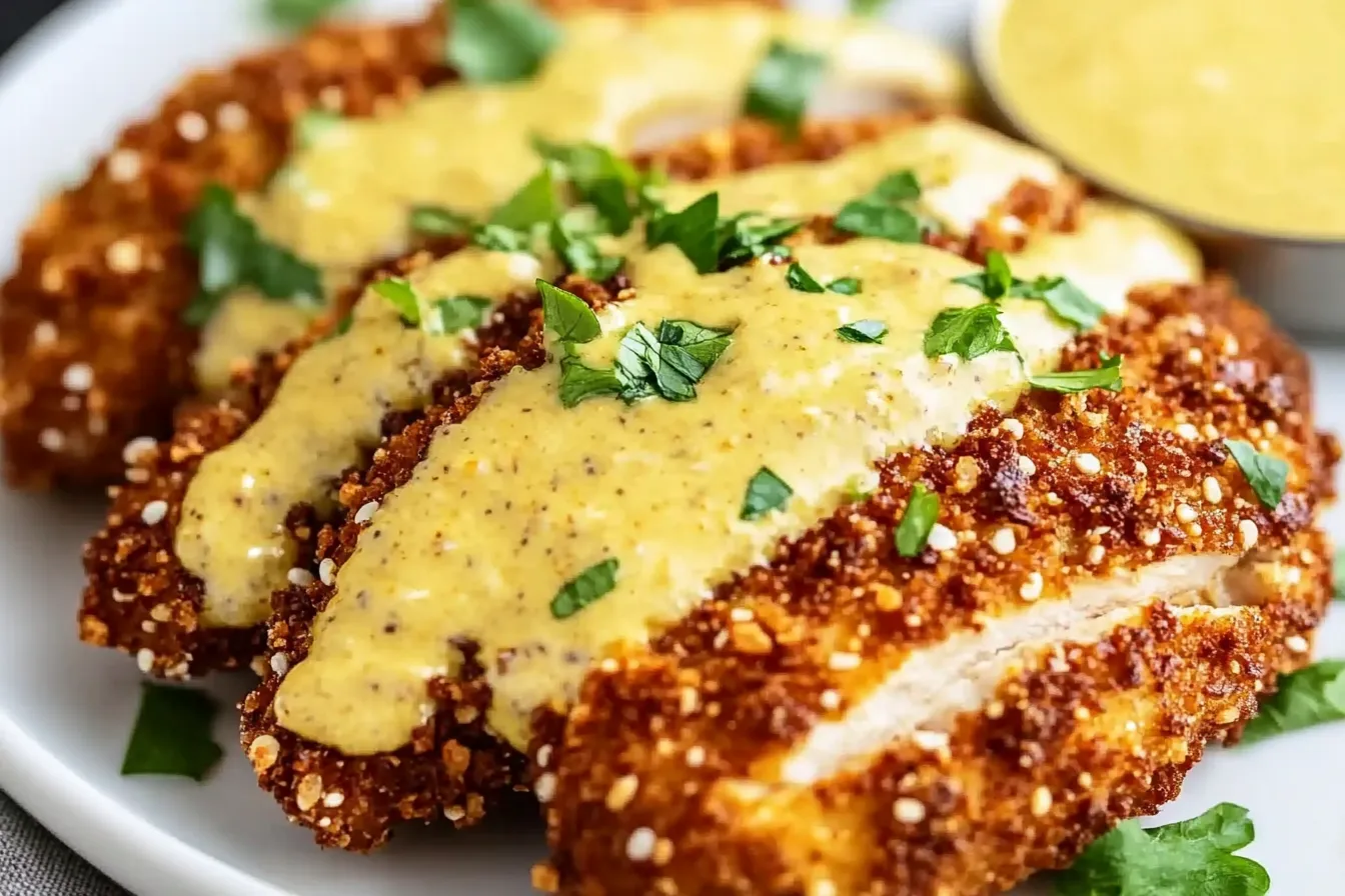 Hähnchen mit Brezelkruste und Honig-Senf-Sauce