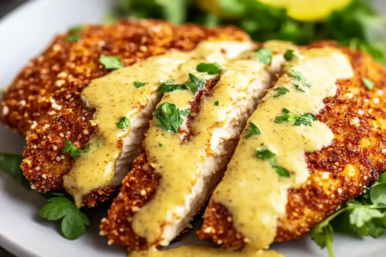Hähnchen mit Brezelkruste und Honig-Senf-Sauce