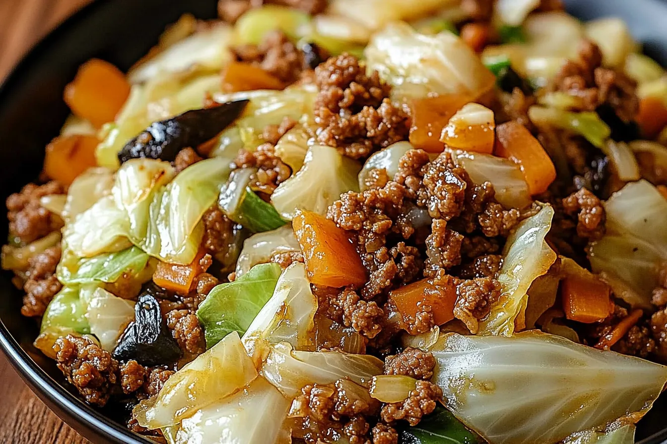 Chinesisches Pfannengericht mit Hackfleisch und Chinakohl
