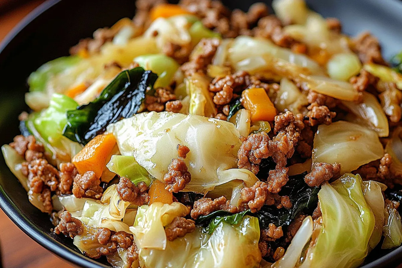 Chinesisches Pfannengericht mit Hackfleisch und Chinakohl