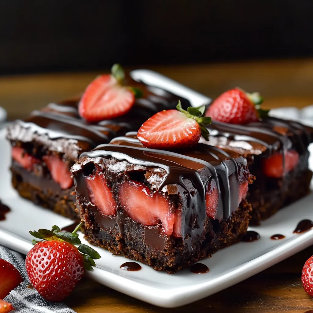 Schokoladen-Brownies mit Erdbeeren und Ganache