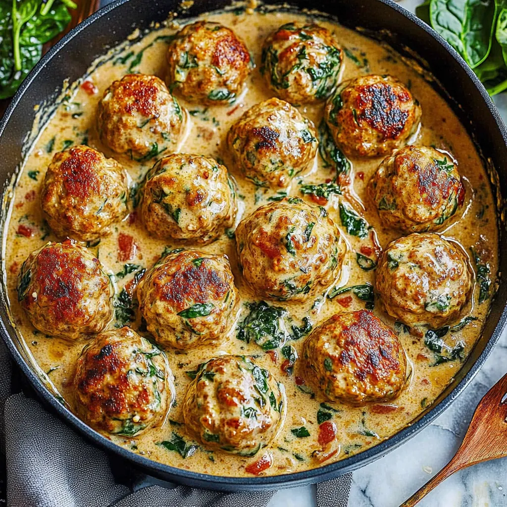Cremige Puten-Hackbällchen mit Spinat und getrockneten Tomaten