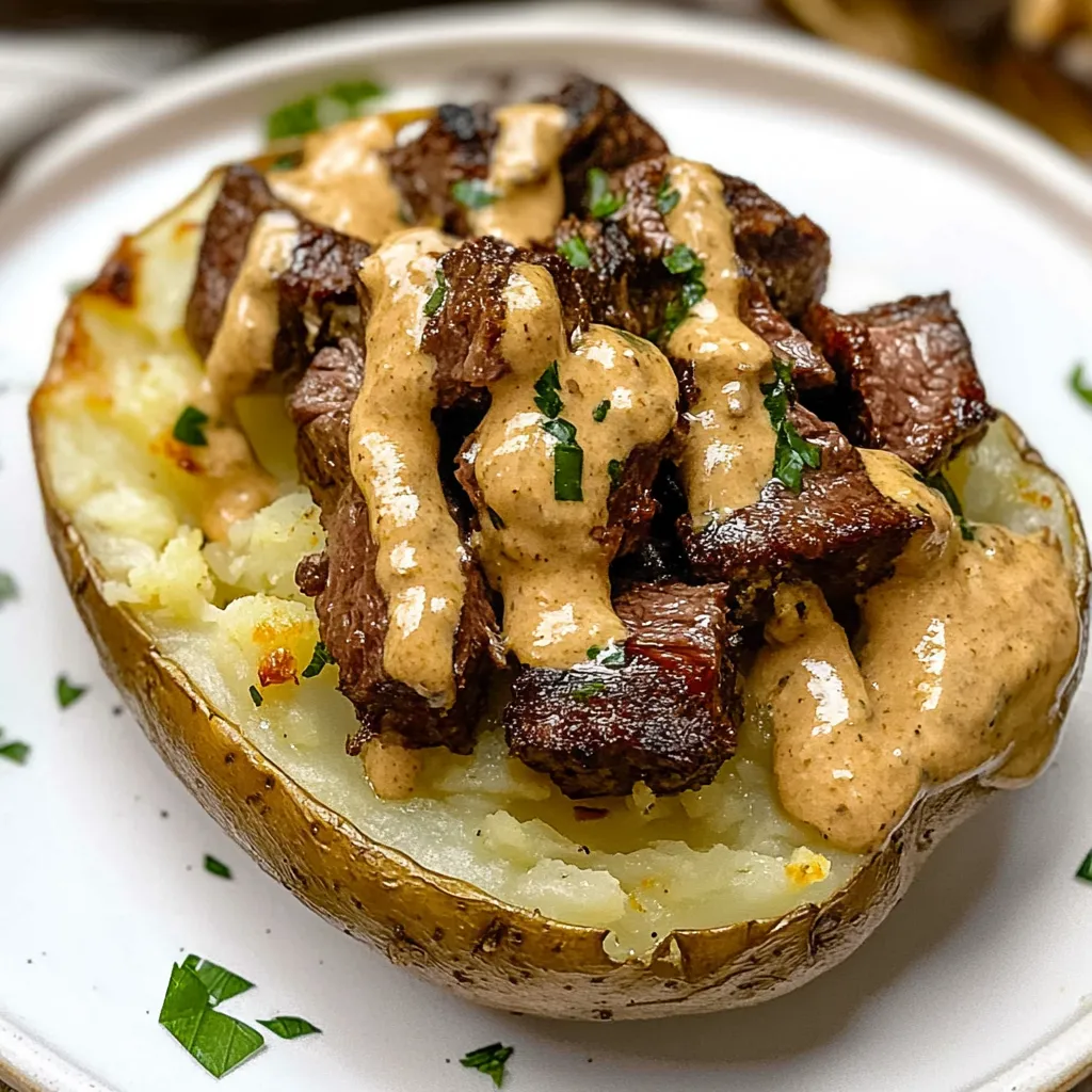 Gefüllte Ofenkartoffeln mit Knoblauch-Steak und Parmesan-Sahnesauce