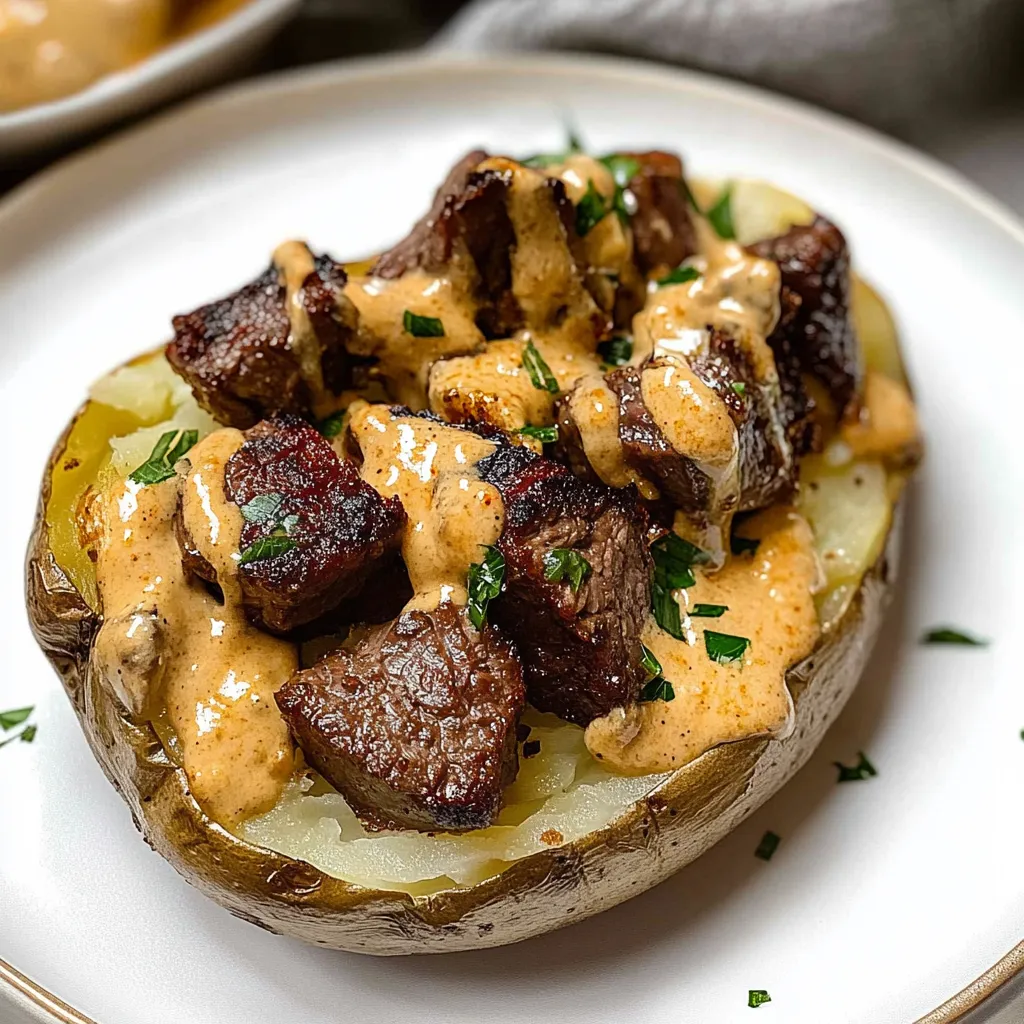 Gefüllte Ofenkartoffeln mit Knoblauch-Steak und Parmesan-Sahnesauce