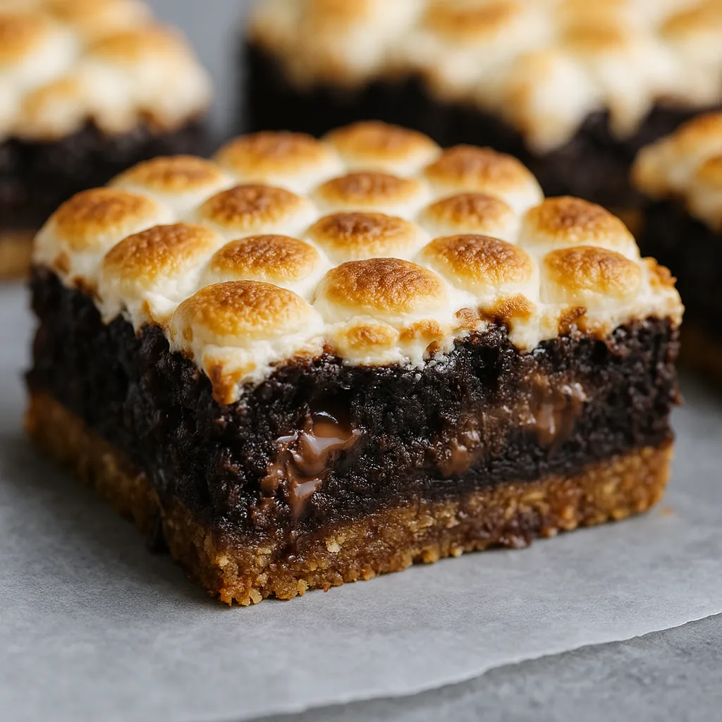 Brownies mit Marshmallows und Keksboden