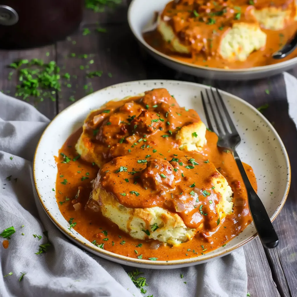 Chorizo-Soße mit hausgemachten Biscuits (amerikanische Frühstücksspezialität)