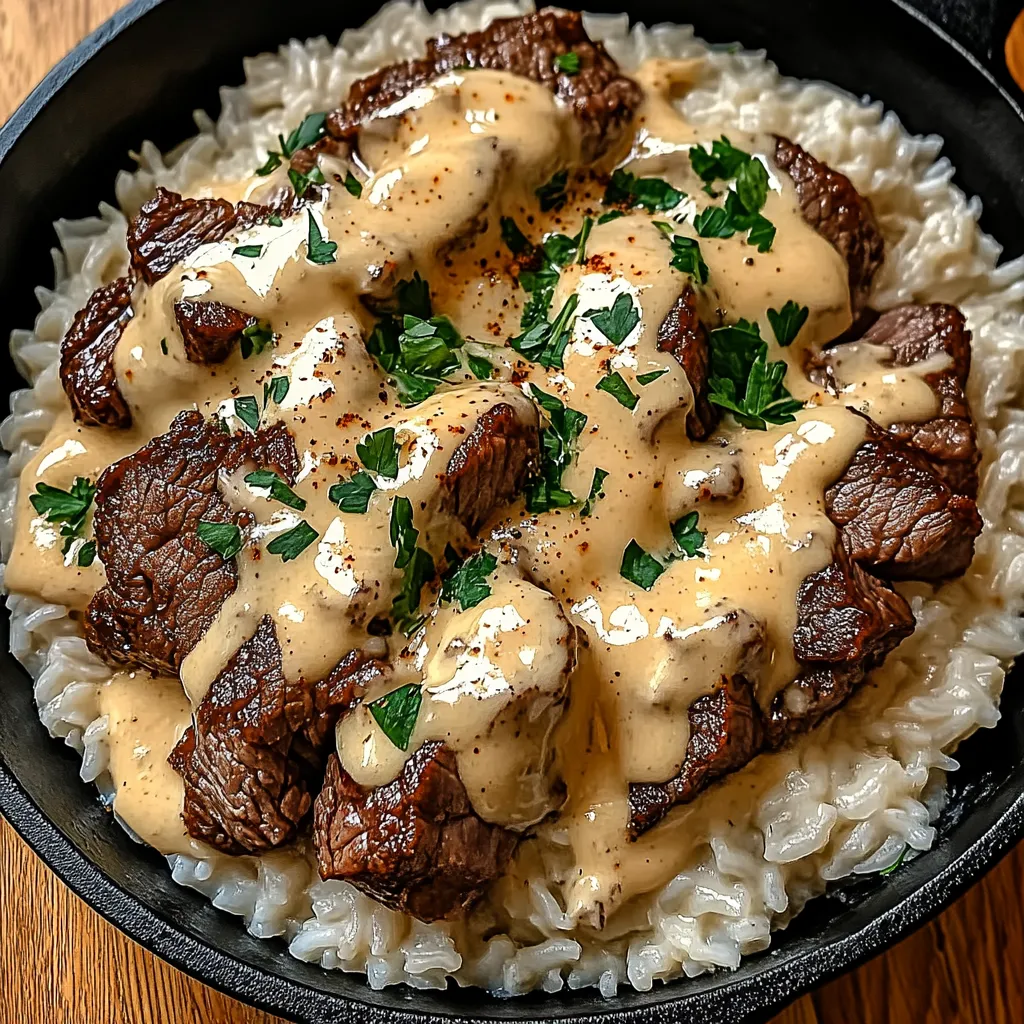 Zartes Steak mit Knoblauchreis & cremiger Käsesauce