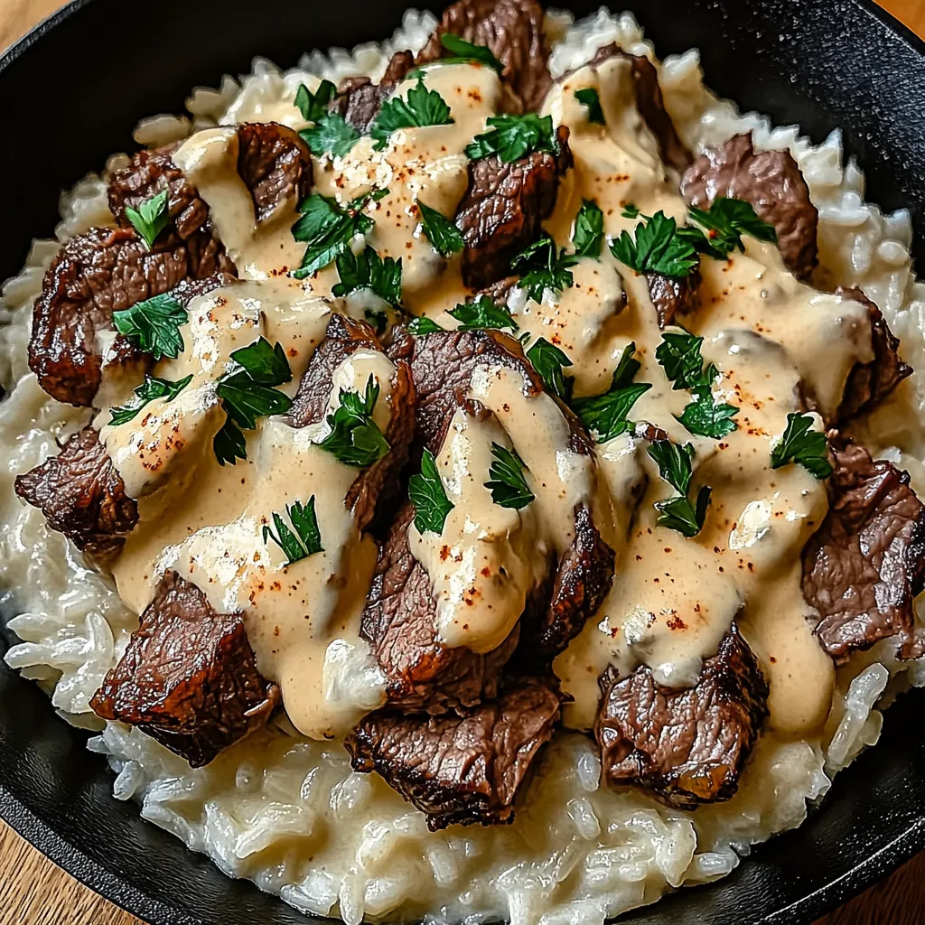 Zartes Steak mit Knoblauchreis & cremiger Käsesauce