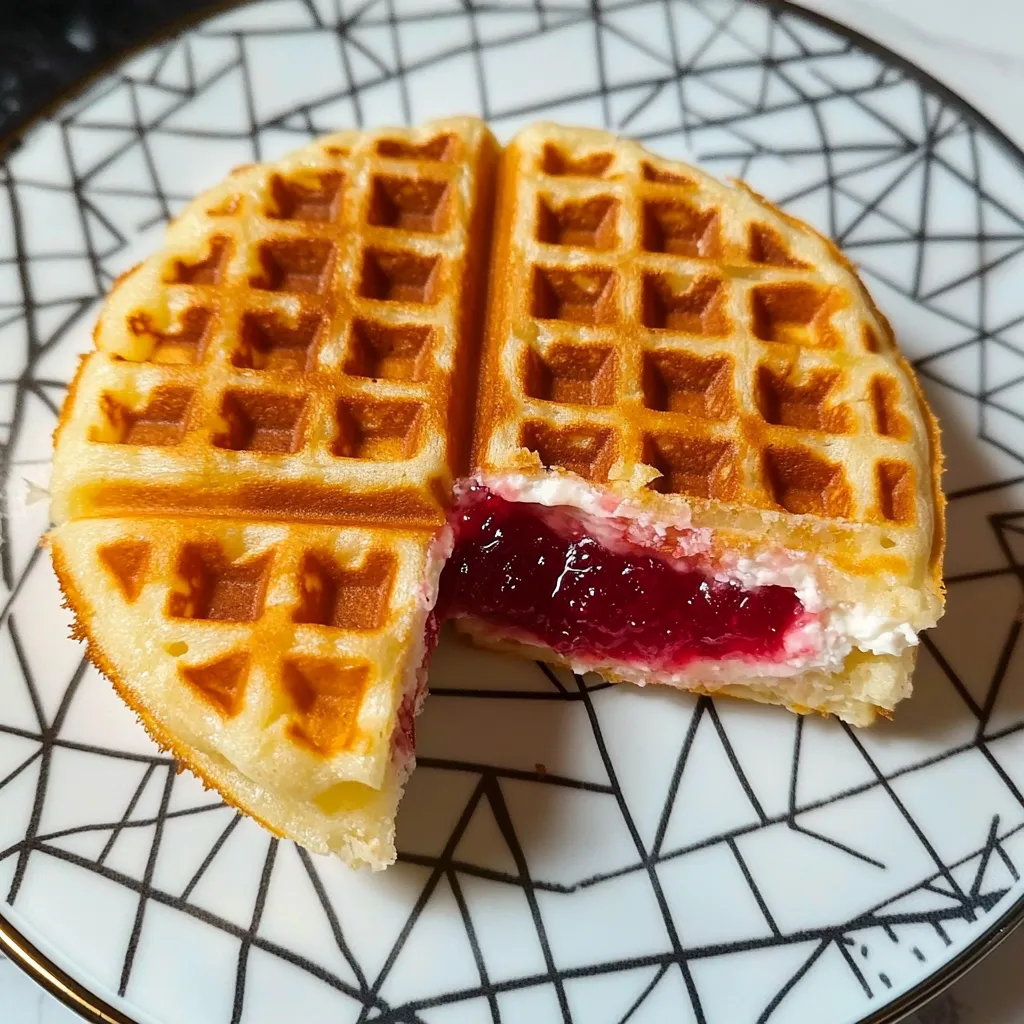 Süßes Waffel-Sandwich mit Frischkäse und Konfitüre (aus TK-Waffeln)
