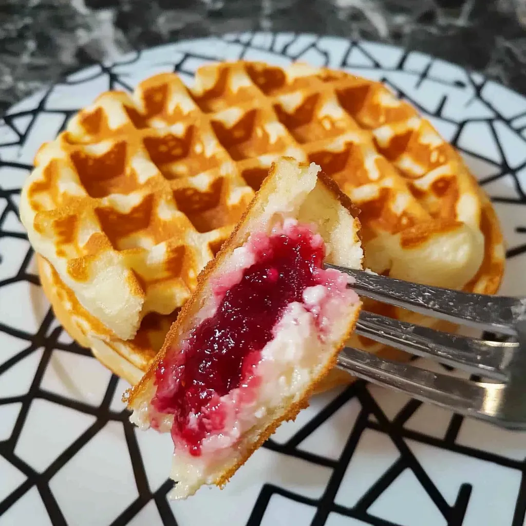 Süßes Waffel-Sandwich mit Frischkäse und Konfitüre (aus TK-Waffeln)