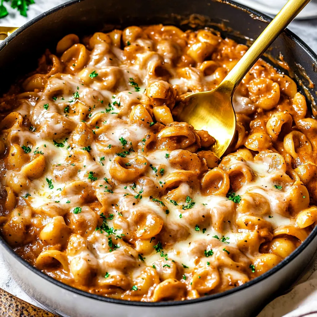 Französische Zwiebelpasta aus einem Topf
