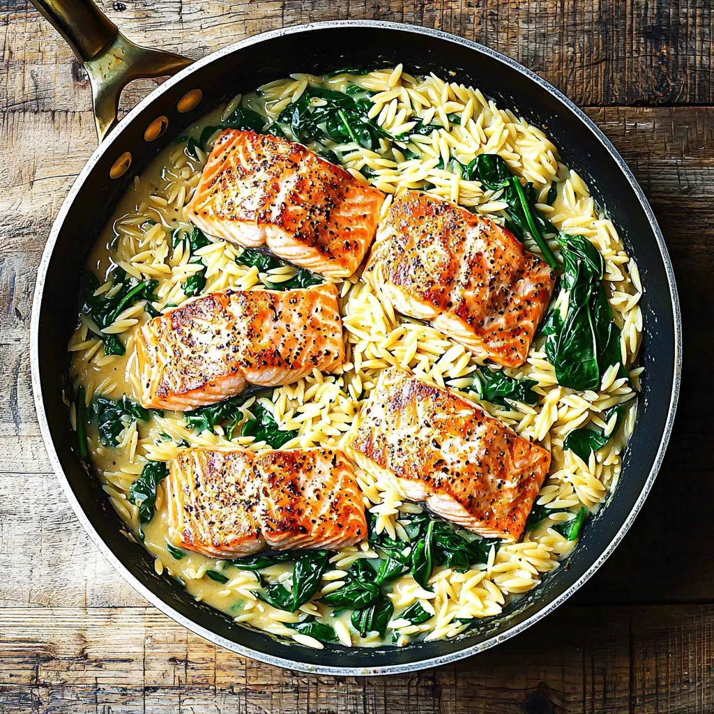 Lachs mit Zitronen-Orzo aus einer Pfanne