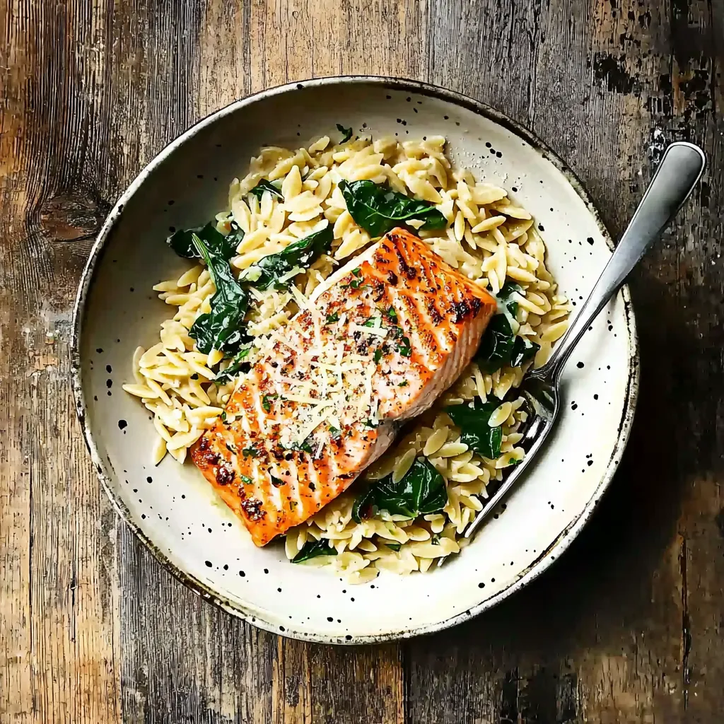 Lachs mit Zitronen-Orzo aus einer Pfanne