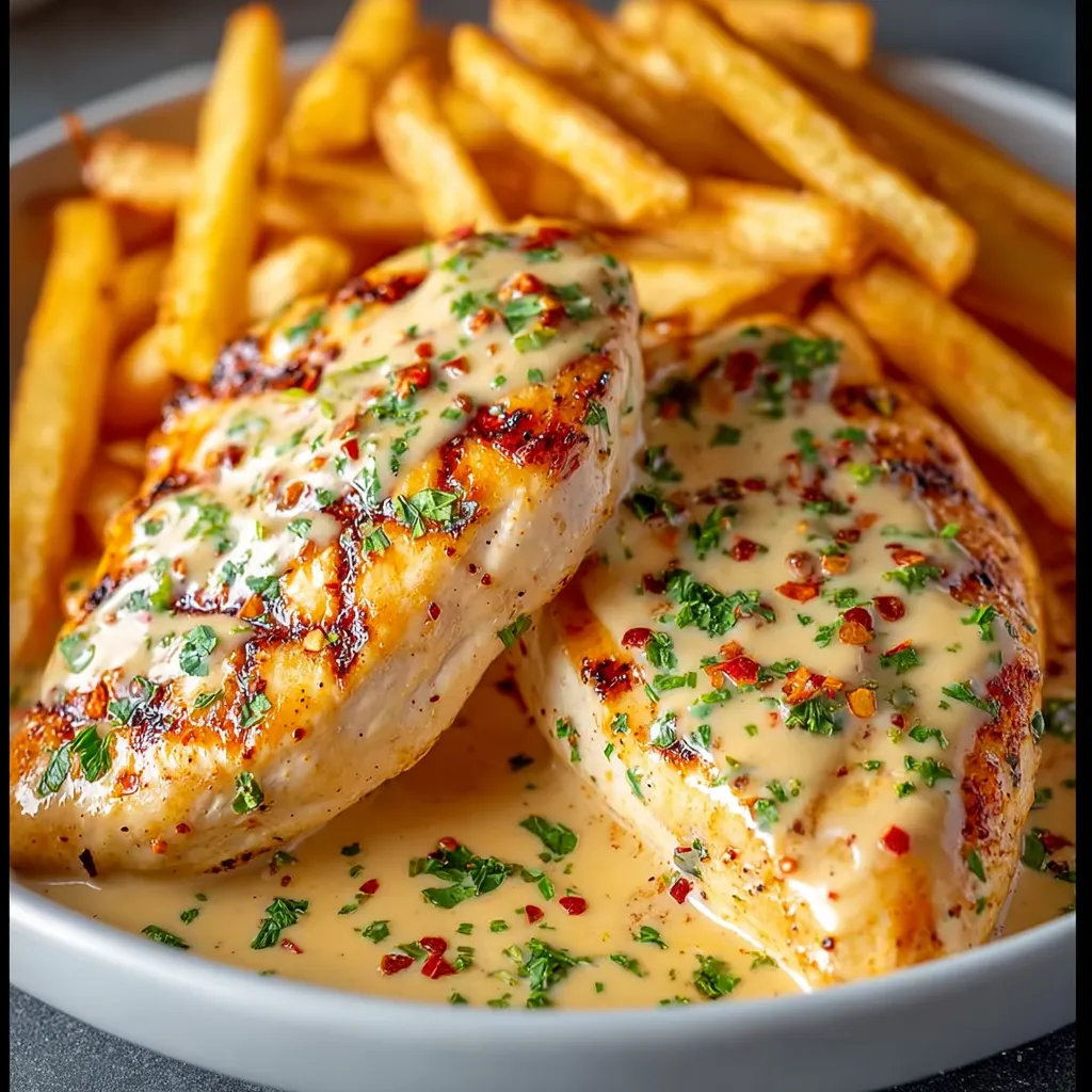 Hähnchenfilet in würziger, cremiger Knoblauch-Parmesan-Soße mit Pommes
