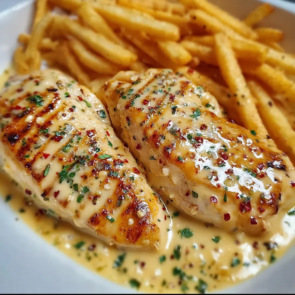 Hähnchenfilet in würziger, cremiger Knoblauch-Parmesan-Soße mit Pommes