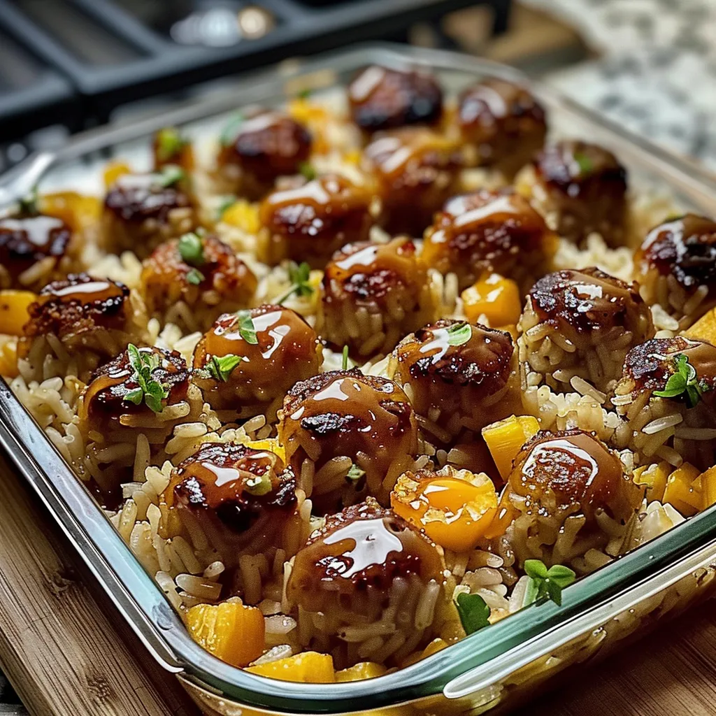 Honig-Knoblauch-Hackbällchen-Auflauf mit Reis
