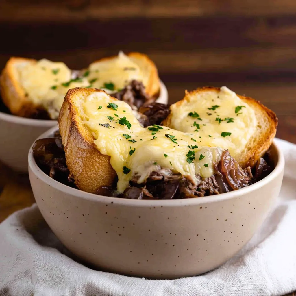 Französischer Zwiebelschmorbraten mit Baguette und Käse überbacken