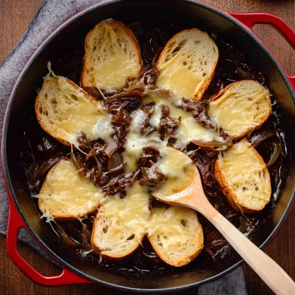 Französischer Zwiebelschmorbraten mit Baguette und Käse überbacken
