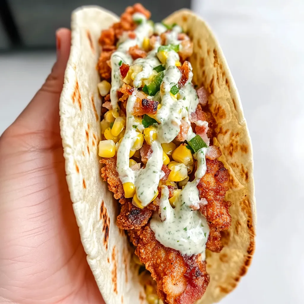 Knusprige Chicken Tacos mit Street Corn, Bacon & Jalapeño-Limetten-Ranch