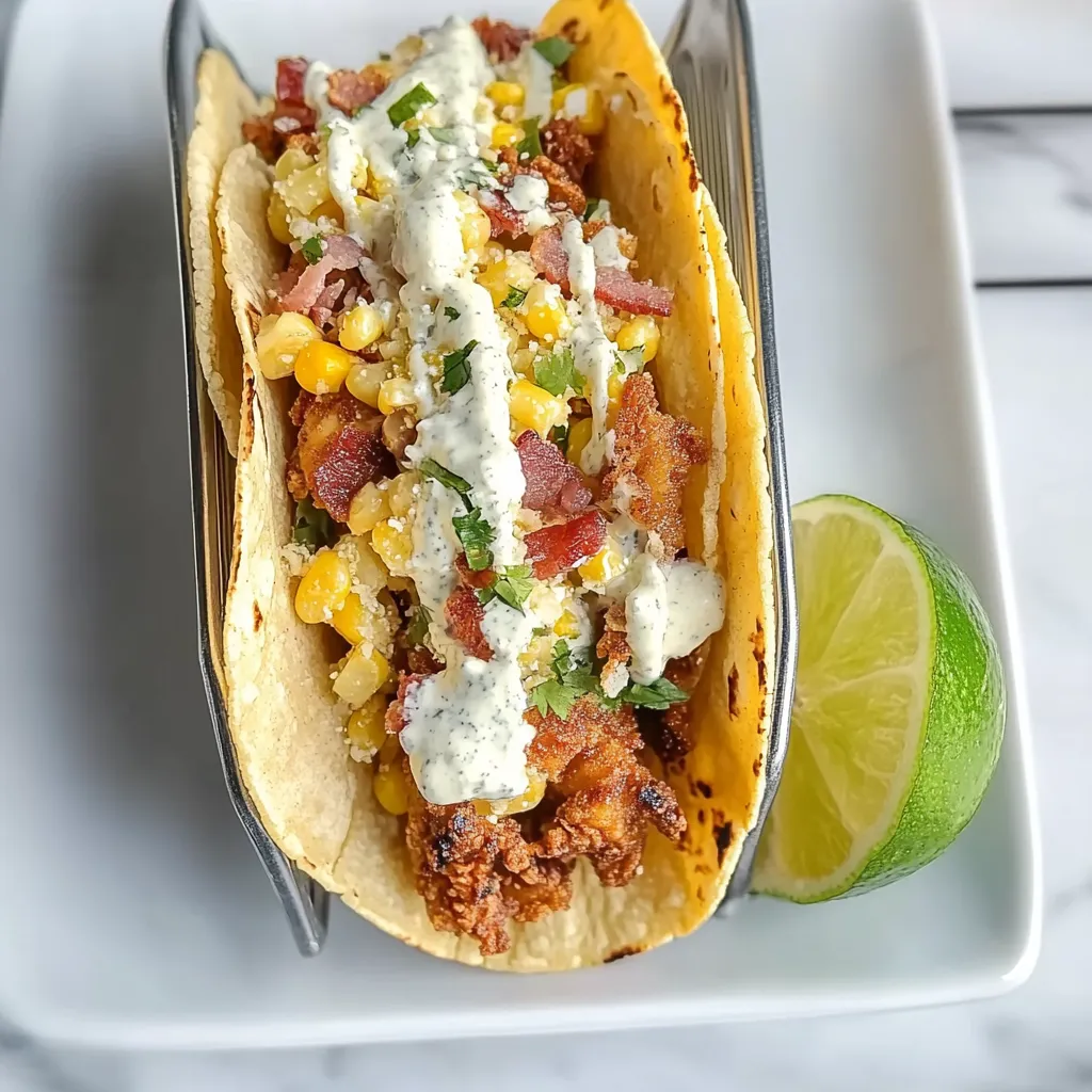 Knusprige Chicken Tacos mit Street Corn, Bacon & Jalapeño-Limetten-Ranch