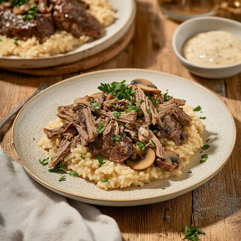 Geschmorte Rinderkurzrippen mit cremigem Pilz-Risotto