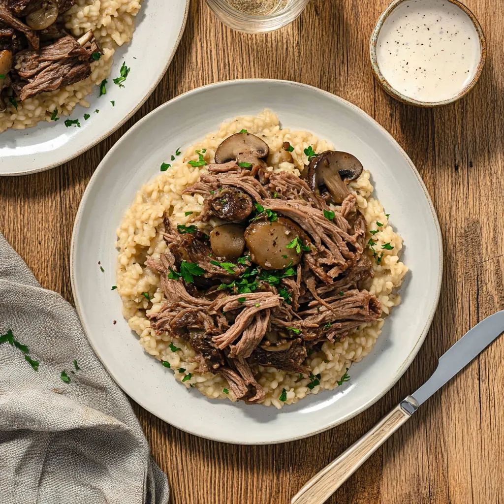 Geschmorte Rinderkurzrippen mit cremigem Pilz-Risotto