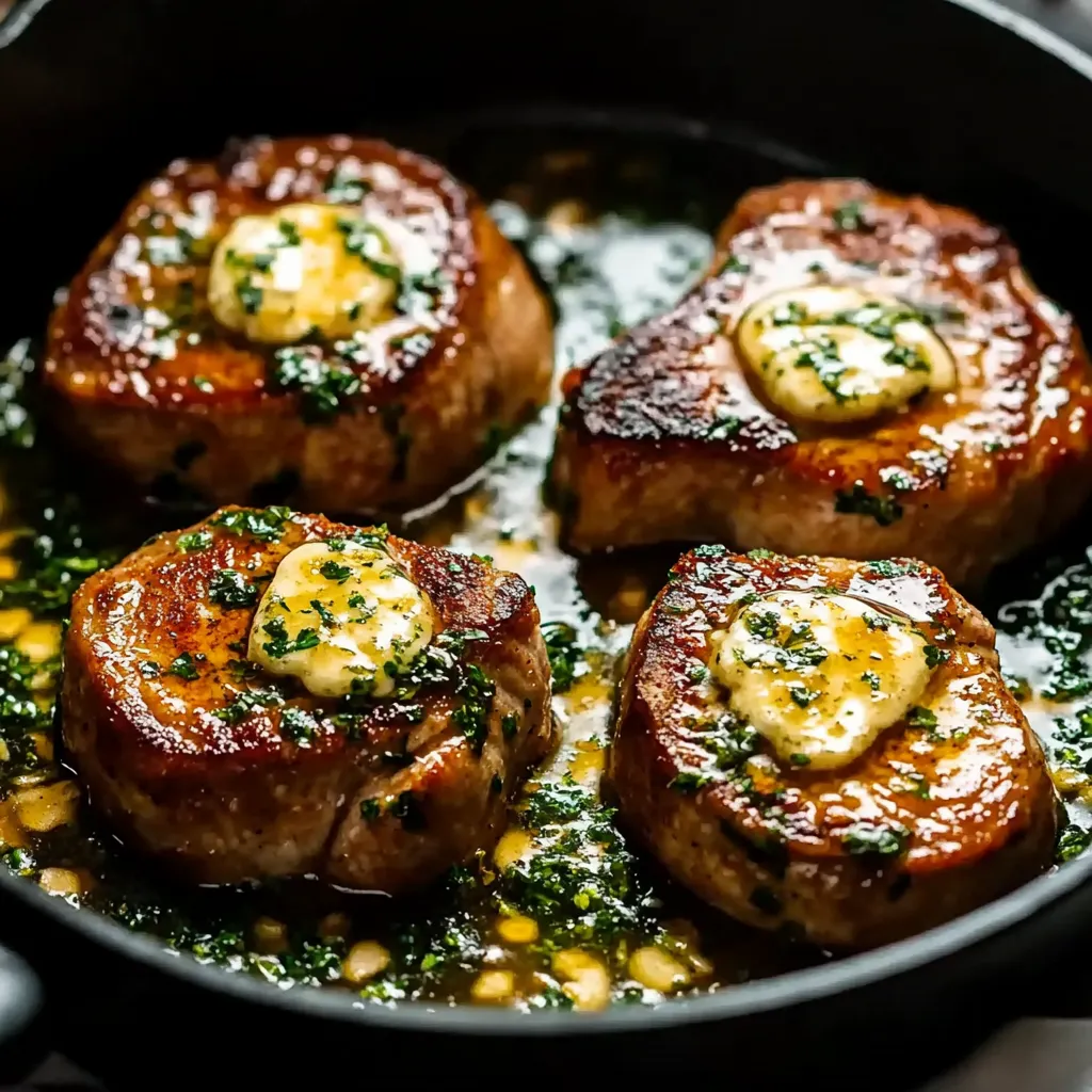 Knoblauch-Butter Schweinekoteletts aus der Pfanne