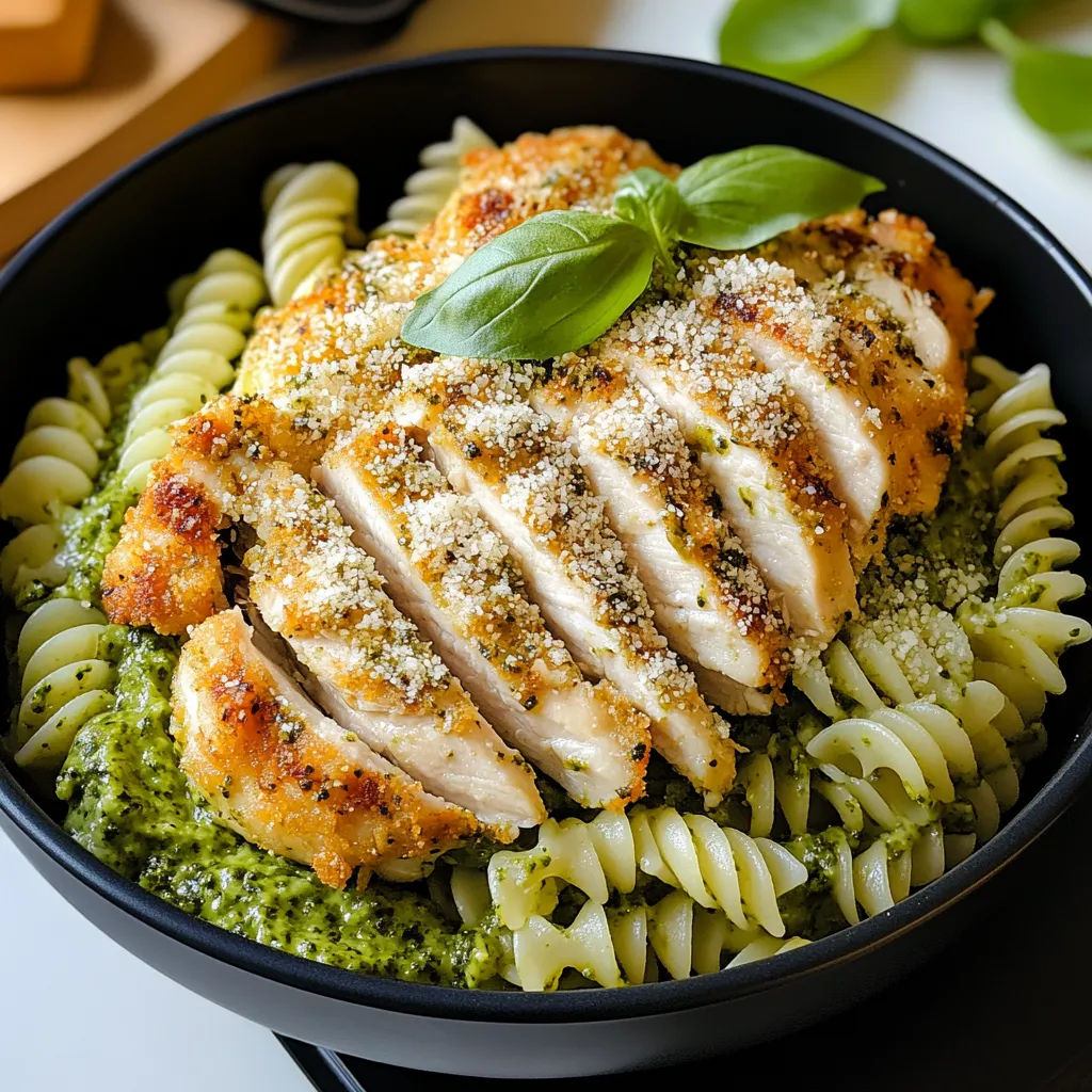 Pesto-Pasta mit knusprigem Parmesan-Hähnchen