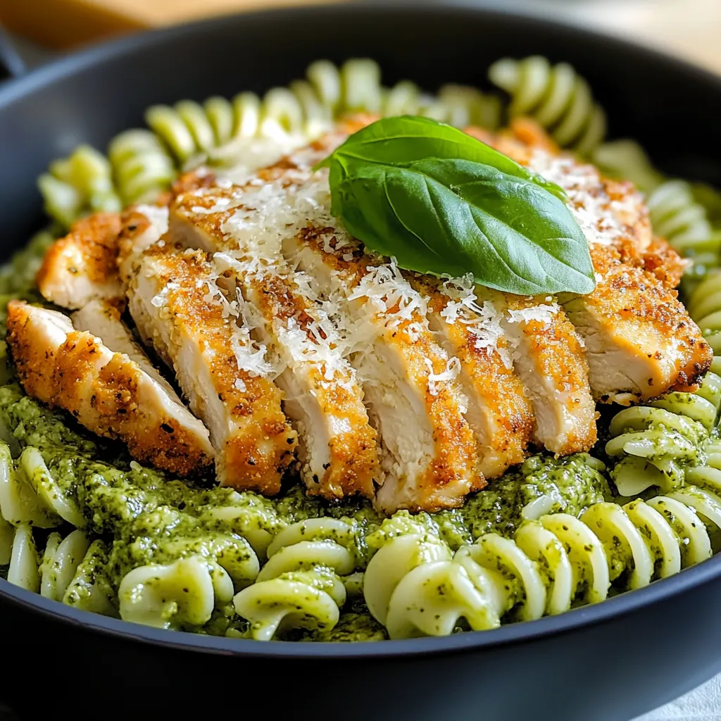 Pesto-Pasta mit knusprigem Parmesan-Hähnchen